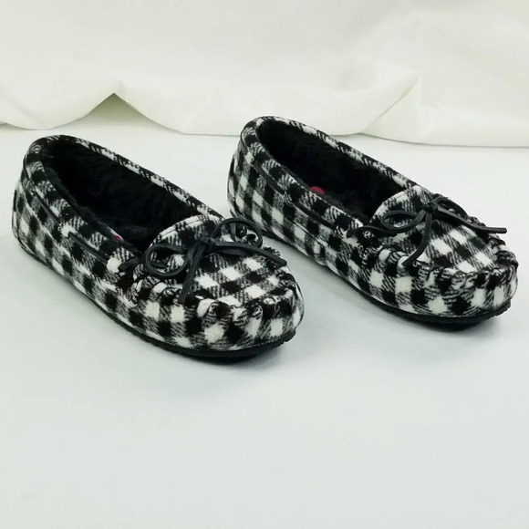 Minnetonka 6M Women's Black White Check Flannel Moccasin Faux Fur Slippers W/Bow - Picture 7 of 12